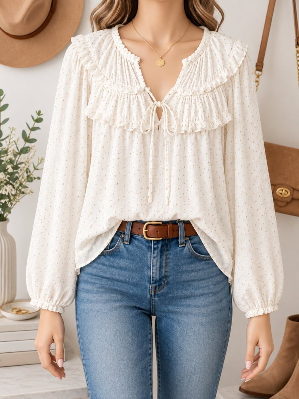 ✨ Old Navy White & Gold Metallic Dot Boho Blouse | Size Medium